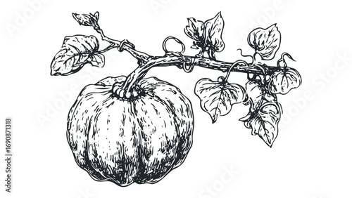 Hand drawn pumpkin on vine with leaves isolated. Vector hand drawn illustration