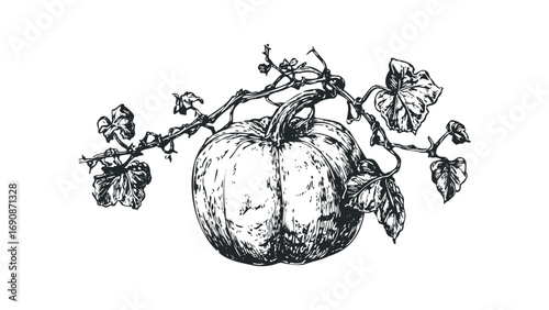 Pumpkin with vines and leaves image on transparent background. Vector hand drawn illustration