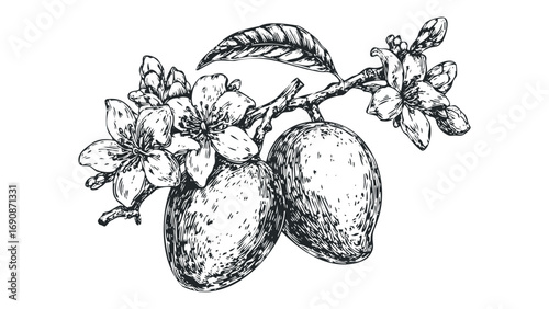Hand Drawn Sketch of Mangoes on Tree Branch with Blossoms on Transparent. Vector hand drawn illustration