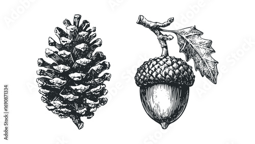 Hand drawn pine cone and oak acorn with leaf. Vector hand drawn illustration