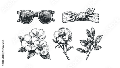Hand drawn hibiscus flowers, sunglasses, and knot headband. Vector hand drawn illustration
