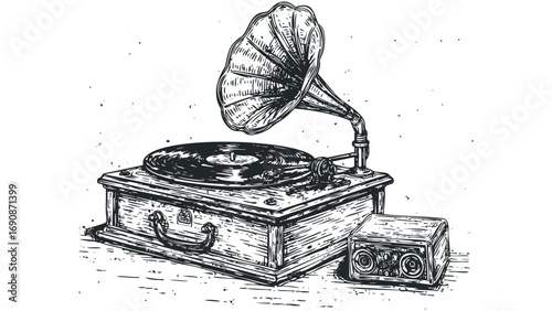 Vintage gramophone and radio still life sketch on transparent background. Vector hand drawn illustration