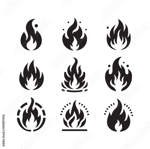Fire flame icon set vector and silhouette 205