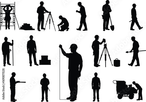 Silhouette of construction surveyors with measuring tools, land workers with tripods, shovels, levels, and equipment, engineering vector illustration set