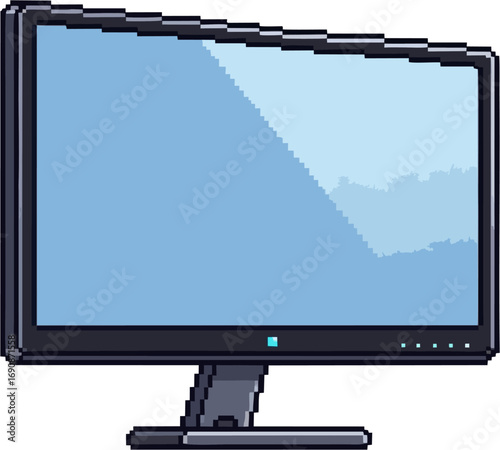 Pixel art illustration of a computer monitor with a blank blue screen, shown on a stand.