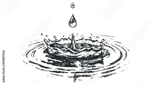 Ink splash with a falling water drop and ripples. Vector hand drawn illustration