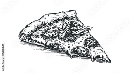 Hand drawn pizza slice with basil on transparent background. Vector hand drawn illustration