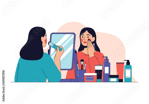 Woman applying makeup while looking in the mirror surrounded by beauty products