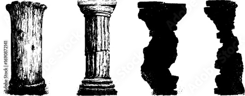 Grunge black and white ornate pillar illustrations for vintage design projects