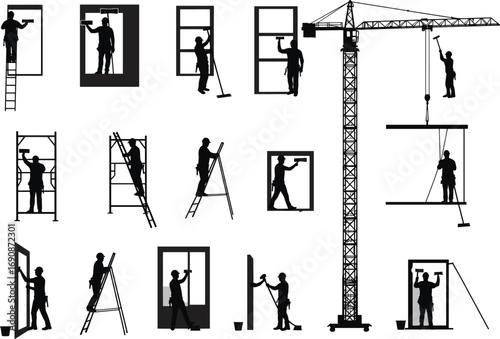 Construction worker silhouettes painting windows, scaffolding ladder work, tower crane lifting men, industrial labor at building site