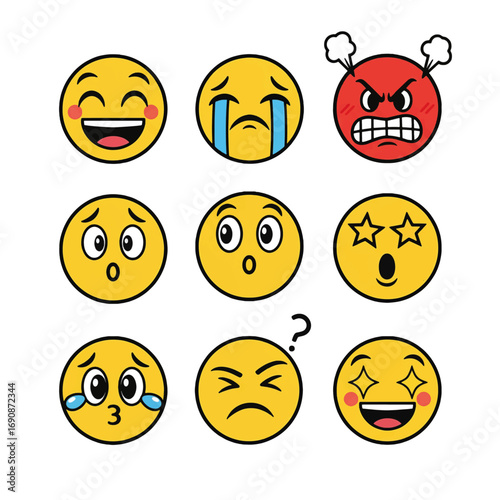 Bright and fun emoji expressions set featuring cartoon faces, comic characters with emotions like joy, sadness, love, and shock, perfect for stickers, memes, and design elements