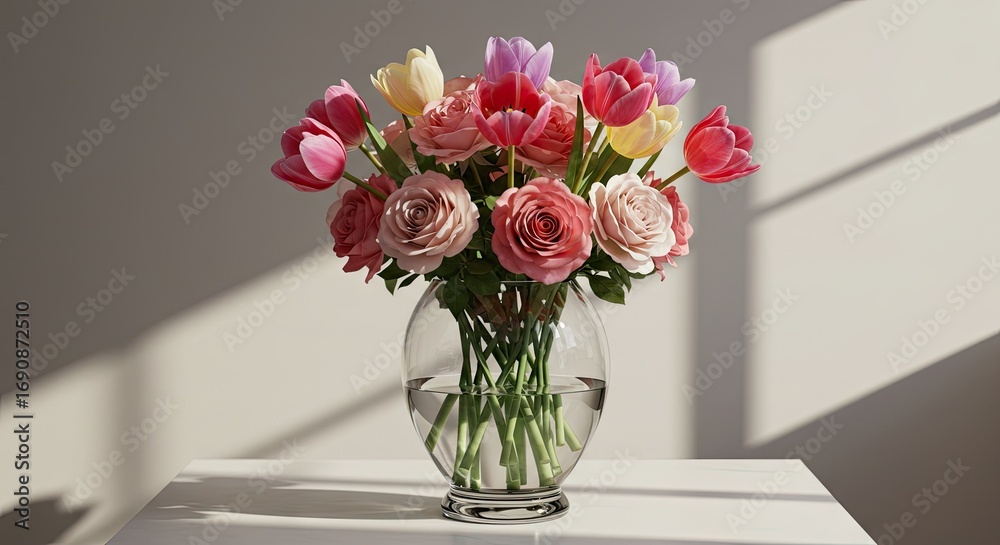 Fototapeta premium Elegant bouquet of colorful roses and tulips in a clear glass vase, bathed in soft natural light, casting artistic shadows on a minimalist background