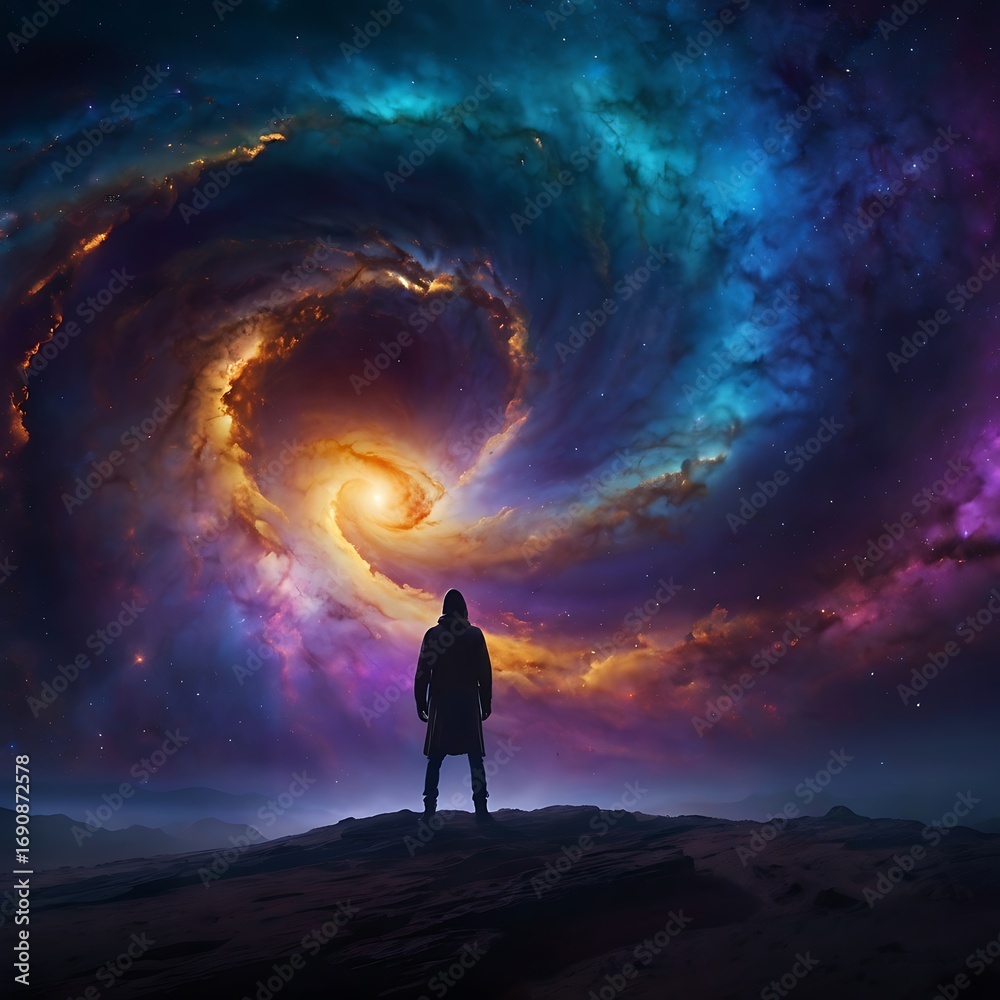 Fototapeta premium A person standing before a glowing cosmic vortex with swirling nebula colors in a dramatic sci-fi atmosphere.