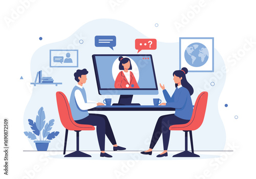 Two people participate in a video conference with a presenter on screen