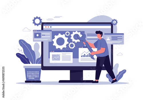 Illustration of a developer performing system maintenance and optimization with tools and gears