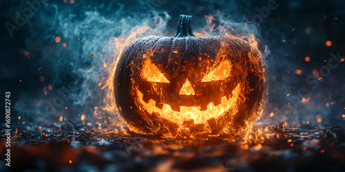 Jack-o'-lantern in embers on wet ground — pumpkin, dramatic, cinematic, scary
