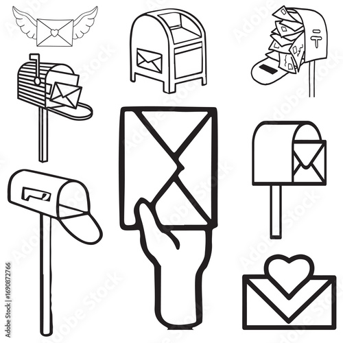 Various mailbox and envelope illustrations representing postal communication with letters in different styles including open mailboxes, flying letters, and love mail concepts