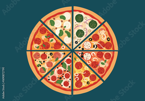 Delicious pizza slices variety toppings appetizing food photography masterpiece