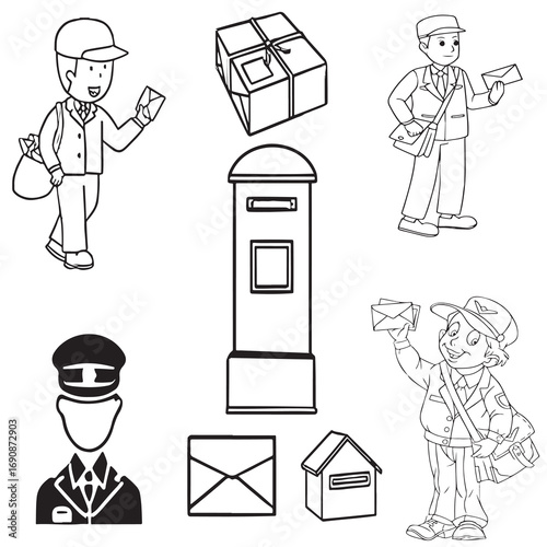 Illustrations of postal workers carrying letters and mailbags along with various types of mailboxes and packages representing postal service and mail delivery