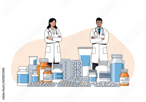 Two healthcare professionals standing behind a collection of medication bottles and boxes