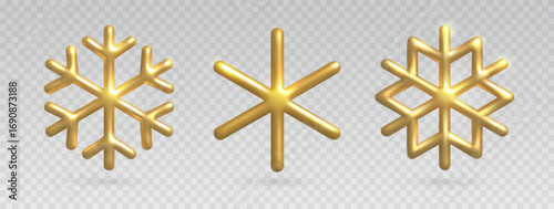 Set of 3d metallic golden snowflakes isolated on transparent background. Christmas holiday decorations. Vector illustration