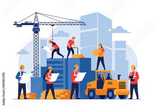 Construction site team working together building modern cityscape with crane and machinery