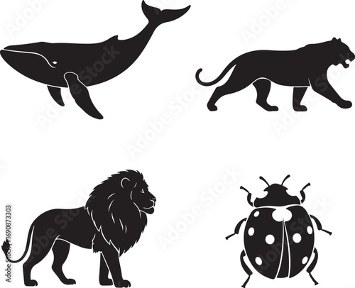 Collection of animal silhouettes featuring a whale tiger lion and ladybug on a white background
