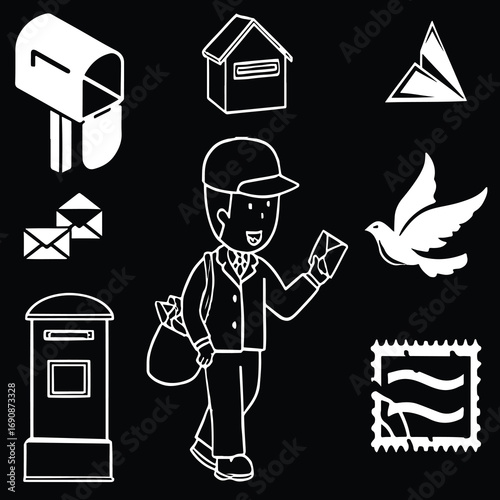 Collection of Iconic Postal Service Symbols Featuring Mailbox Mail Carrier Stamps Letters Paper Airplane and Dove Representing Communication and Delivery Worldwide