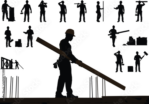 Construction worker silhouette carrying heavy beam, industrial labor men with tools, lifting equipment, teamwork at building site, black vector illustration for construction industry design