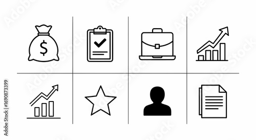 Set of financial and business icons, representing growth, investment, and success