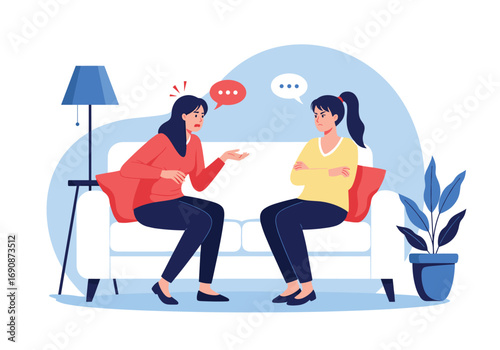 Two women arguing on a couch with speech bubbles representing their conversation