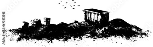 Grunge black and white urban landfill scene with trash bins and flying birds