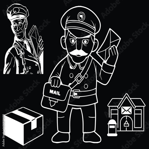 Classic Mailman with Letter and Mailbag Holding Envelope Near Post Office and Package for World Post Day Illustration Set