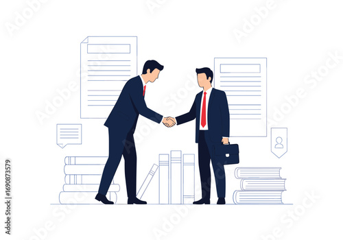 Two businessmen in suits shaking hands in office setting demonstrating a successful business agreement or partnership