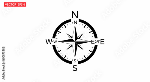Black and white compass rose with cardinal directions and vector EPSN text