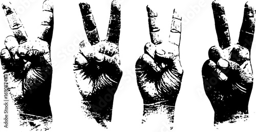 Grunge black and white peace hand gesture set for urban tribal design