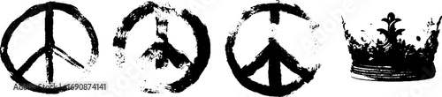 Black and white grunge peace symbols and crown set for artistic design