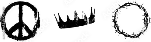 Grunge black and white peace, crown, and barbed wire circle illustration set for design and print