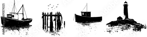 Grunge black and white nautical illustrations of pier boat and lighthouse for urban design