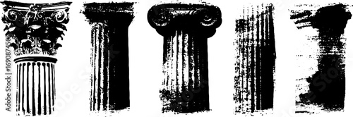 Grunge black and white column illustrations set for vintage design