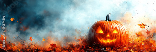 Burning pumpkin amid smoke and embers — Halloween, fear, autumn, rustic textures