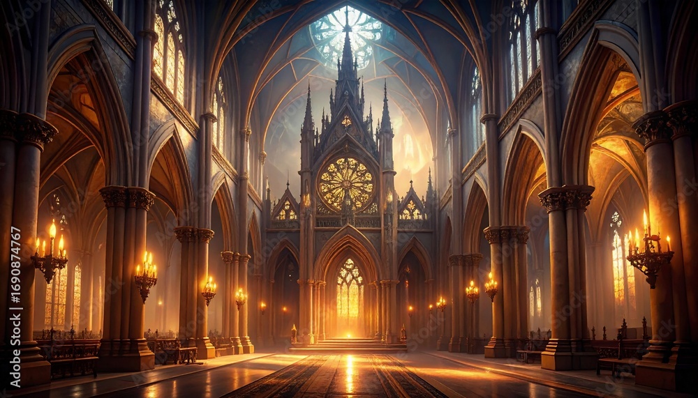 Fototapeta premium Magnificent gothic cathedral interior illuminated by warm light from windows