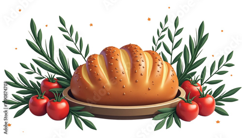 Freshly baked bread loaf surrounded by tomatoes and greenery on a white background