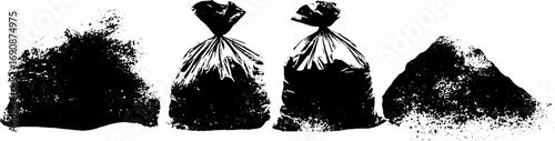 Trash bag silhouette set in grunge black and white for urban design projects
