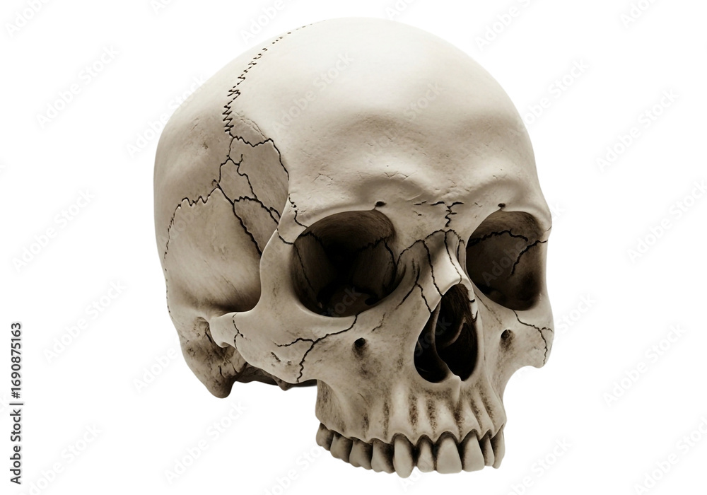 Fototapeta premium Human skull isolated on transparent background, a symbol of mortality and the fragility of life, showcasing anatomical detail