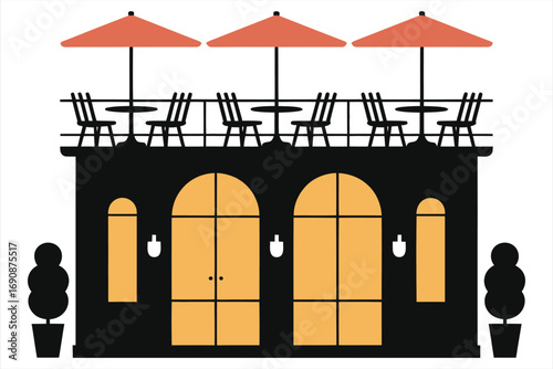Chic boutique hotel logo with rooftop cafe terrace. Vector illustration of a building with tables and umbrellas for hospitality and travel branding. Flat design icon isolated on white background.