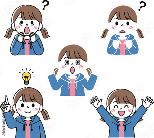 Cartoon girl with pigtails showing emotions and reactions, vector illustration, facial expressions, idea, surprise, joy, confusion, worry, excitement