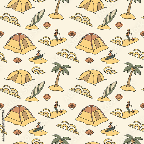 Seamless Summer Beach Pattern with Camping and Surfing