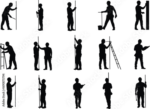 Silhouette construction workers, men surveying, measuring rods, leveling, planning structure, using tools, job site accuracy, industrial work