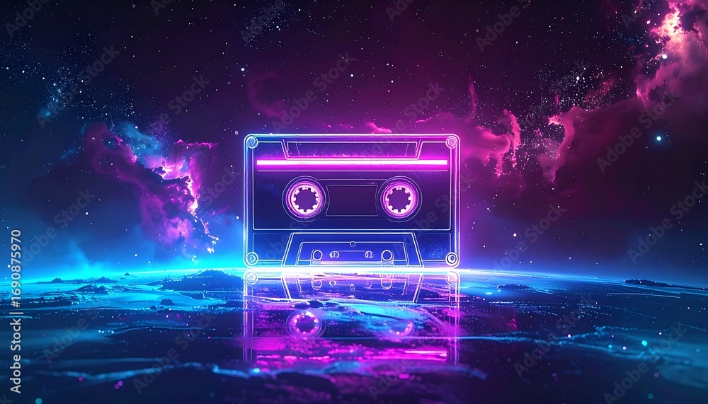 Fototapeta premium Neon Cassette Tape A Retro Voyage Through Sound and Space